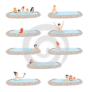 People enjoying outdoor jacuzzi set, men and women relaxing in hot water in bath tub, spa procedure vector Illustration