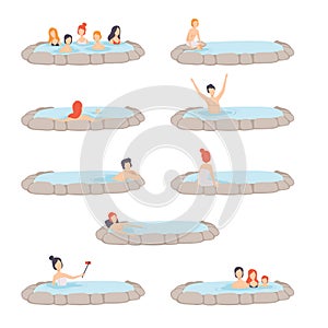 People enjoying outdoor thermal spring set, men and women relaxing in hot water in bath tub, spa procedure vector