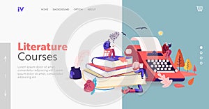 People Reading Literature and Writing Poetry or Prose Landing Page Template. Tiny Characters at Huge Books Read Verses photo