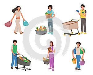 People enjoying shopping set vector flat illustration. Happy man and woman suffering shopaholism