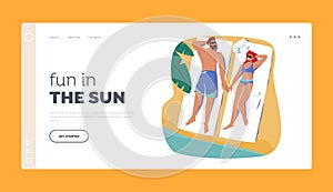 People Enjoying Summer Landing Page Template. Man and Woman Tanning on Beach Lying on Mat with Sunscreen Protection