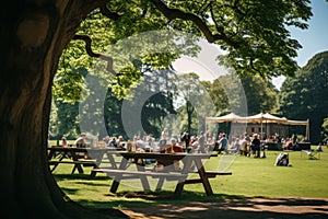 People enjoying summer season with picnics in the park, outdoor recreation activities