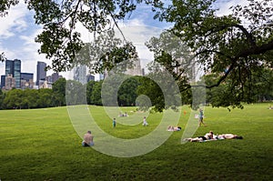 People enjoying a sunny day at the Central Park with the New York skyline in the background, in the city of New York, USA.