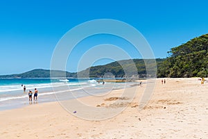 People enjoying the sunny weather at Pebbly Beach, a popular camping area with great surfing beach and bush walks within