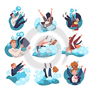 People Entrepreneur Character Drowning in Water Vector Set