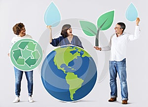 People with environment and recycling icons