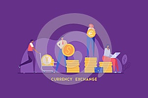 People exchange money in different currency with coins euro dollar  yen. Concept of banking, currency exchange, digital currencies