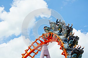 People excitement on Roller Coaster in upside down moment at Siam Park City, is a world-class amusement.