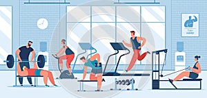 People exercise at fitness gym, training with sports equipment. Characters running on treadmill, lifting dumbbells