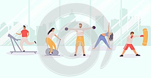 People exercising at gym, men and women exercising in city view, training and sport activity