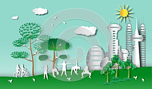 People exercising in the park with landscape cityscape of paper art style,vector or illustration with health concept