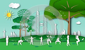 People exercising in the park with landscape cityscape of paper art style,vector or illustration with health concept