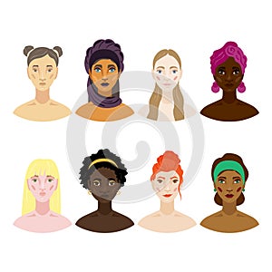 People face, avatar. International women. European, african, chinese, arabian women. Vector