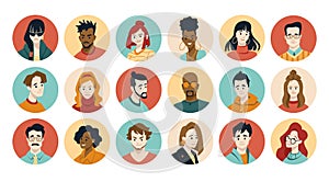 People face avatars. User portrait of business team, diverse character of different man and woman. Young multiethnic