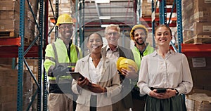 People, face and warehouse teamwork for inspection shipping in factory or e commerce storage, logistics or production