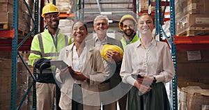 People, face and warehouse teamwork for shipping logistics in factory or e commerce storage, inspection or production