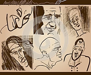 People faces caricature sketch drawings set photo