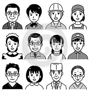 people faces, different jobs and occupations, vector illustration set, black and white illustration 02