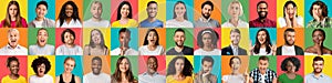 People faces and emotions. Set of multiracial men and women portraits over color studio backgrounds, panorama