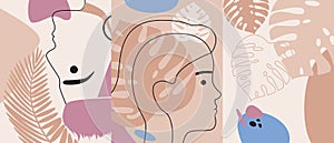 People faces outline, art nouveau collage with monstera leaf or vector stock illustration with profile portrait with geometric