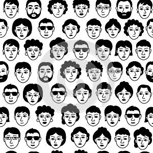 People faces pattern. Black and white doodle. Vector hand drawn illustration.