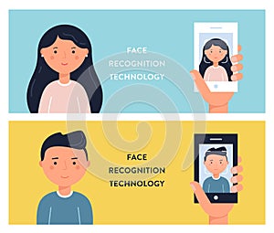 People Faces and Smartphone Screens. Face Recognition Technology Vector Illustation