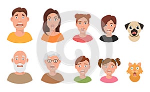 People facial emotions afraid fearful scared windy emotions human faces different expressions vector illustration in