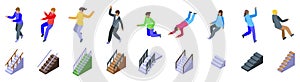 People falling down stairs icons set isometric vector. Health insurance