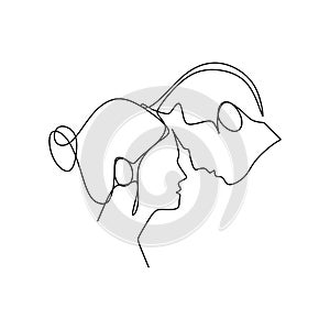 People falling in love. A happy romantic couple portrait minimal design one continuous line art drawing vector illustration