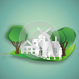 People and family in the Green tree on leaf as environment conservation , Eco and saving the earth concept , vector illustration