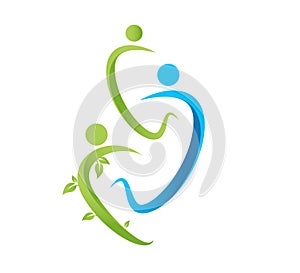 People family logo, green leaf illustration health people nature symbol set design vector.