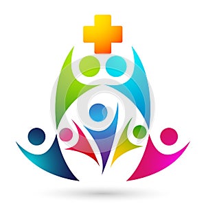 People family medical care logo icon winning happiness health together team success wellness health symbol cross white background