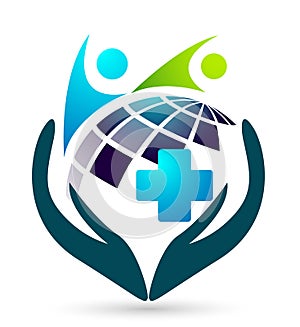People family medical care logo icon winning happiness health together team success wellness health symbol cross white background