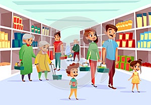 People family shopping in supermarket vector cartoon illustration