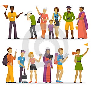 People family traveling on vacation traveler characters happy trip journey couple vector illustration.