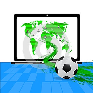 People fan football global and soccer field on notebook with soccer ball move out from screen,.