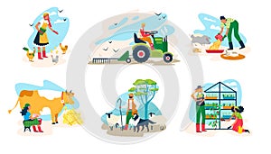 People farming vector illustration set, cartoon flat farmer characters working in farmland field or gardening, feeding