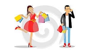 People in fashionable clothes carrying shopping bags with purchases set. Customers taking part in seasonal sale at store