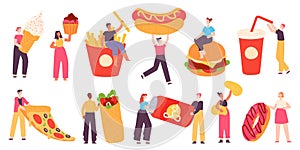 People with fast food. Tiny characters hold pizza, burger, hot dog, soda drink, potato chips and sweet dessert. Flat
