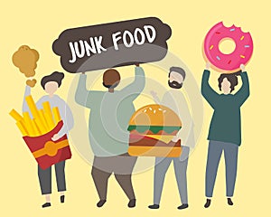 People with fatty junk food illustration