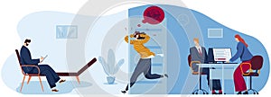 People in fear panic flat concept vector illustration, cartoon panicking stressed woman character running to