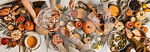 People feasting at autumn festive table, top view