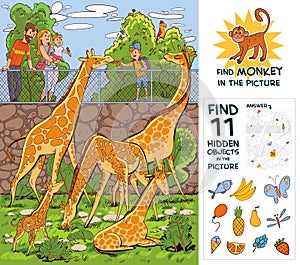 People feed giraffes at the zoo. Find 10 hidden objects photo