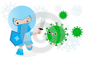 People fight with coronavirus 2019-nCoV, cartoon character man attack COVID-19 ,children and Protection Against Viruses