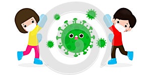 People fight with coronavirus 2019-nCoV, cartoon character man and woman attack COVID-19 ,children and Protection