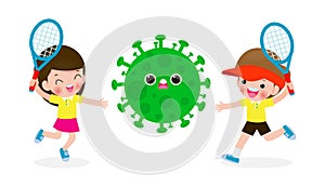 People fight with coronavirus 2019-nCoV, cartoon character man and woman attack COVID-19 ,children and Protection Against Virus