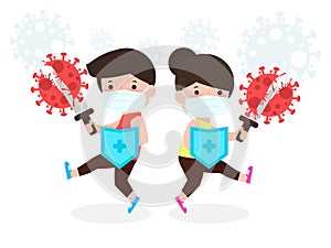 People fight with coronavirus 2019-nCoV, cartoon character man and woman attack COVID-19 ,children and Protection Against Virus