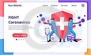 People fight Covid-19 coronavirus concept, doctor and nurses punch virus cells. Modern flat web landing page design template.