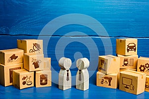 People figures conducting business negotiations and boxes. Trade goods and services, business process. Barter. Economy. Production