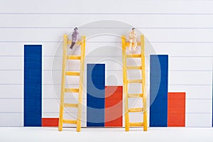 People figures on ladders on white surface near blue and red graphs at background